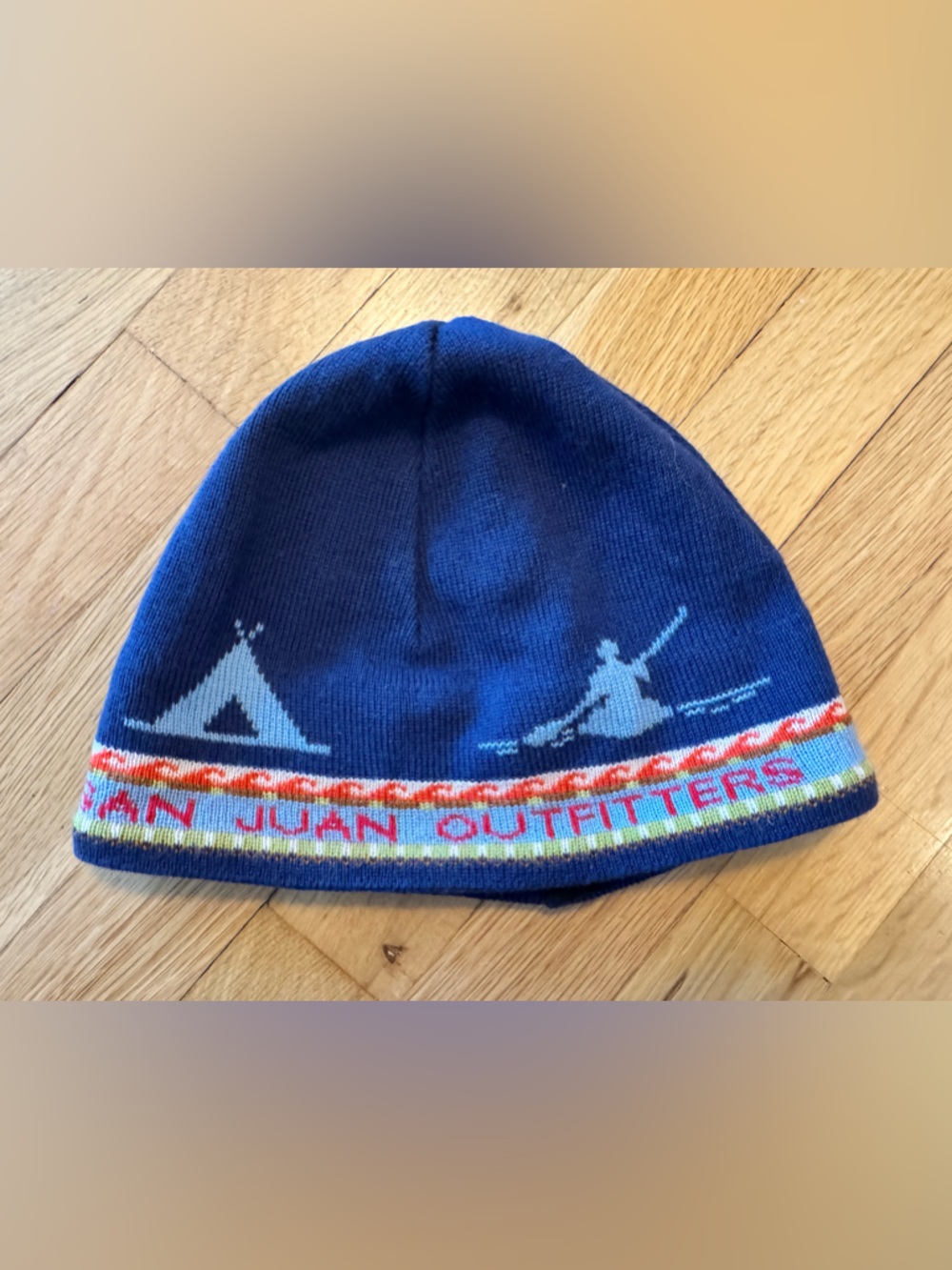 San Juan Outfitters Jytte Merino Wool Navy Knit Beanie with Outdoor Motif